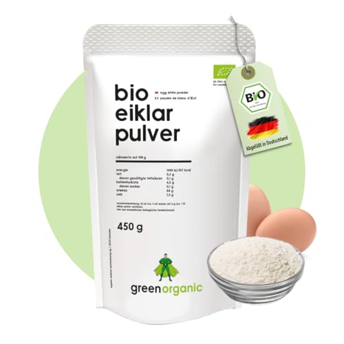 Bio Eiklar-Pulver, reines-Eiweiss-Protein aus Bio-Ei, zum Kochen, Backen und für Shakes, pasteurisiert, sprühgetrocknet, 450g, GreenOrganic