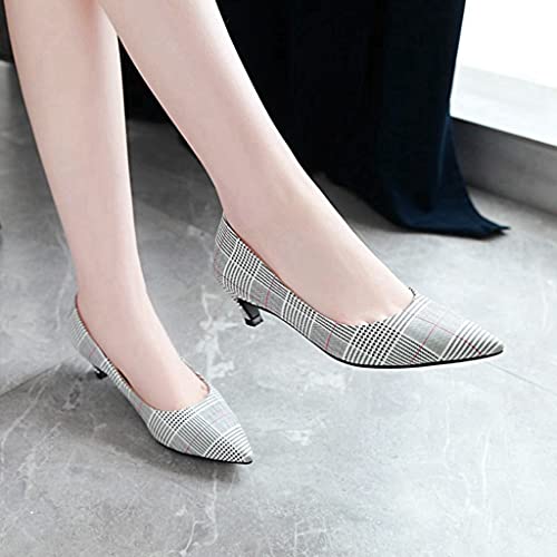 MIOKE Women's Fashion Plaid Comfort Low Kitten Heels Pumps Pointed Toe Slip On Office Party Dress Shoes3