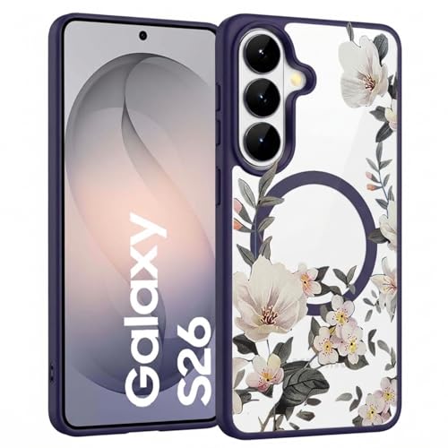Image of VONZEE Compatible with Samsung Galaxy S26 5G Case Luxury Retro Flowers Floral Clear for Magnetic Wireless Charging Case Shockproof PC+TPU Cute Glossy Shiny Cover for Girls Women, Deep Purple