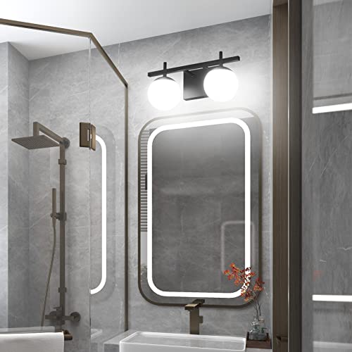 Image of Ralbay Matte Black Bathroom Light Fitures 2-Light Mid Century Modern Bathroom Light Fixture Matte Black Milky Glass Ball Wall Light Black 2 Light