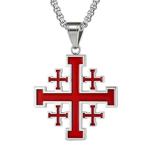 LUUDYOTU Crusader Jerusalem Cross Pendant Necklace: Stainless Steel Cross Biker Necklace Chain for Men Women Red