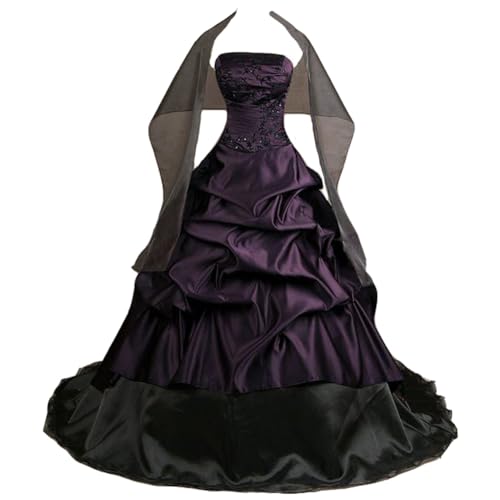 Lemai Vintage Long Gothic Prom Quinceanera Dress with Shawl A Line Beaded Pick Up Wedding Dress Black Deep Purple US 0
