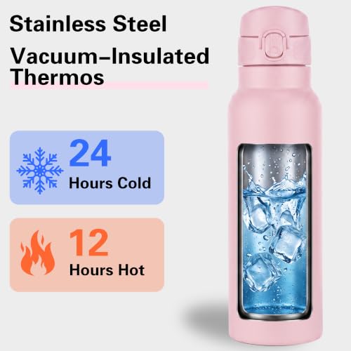 Image of GOPPUS 25 oz Insulated Water Bottle with Direct-Drink Lid,Keep Cold 24H,Leak-Proof Stainless Steel Bottle Ideal for the Gym,Travel,and Outdoor Use,Suitable for Teens and Adults（Pink）