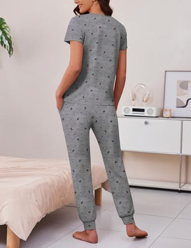 Image of Ekouaer 2 pack Pajama Sets for Womens Jogger Pants Pjs Short Sleeves Lounge Set Soft Sleepwear with Pockets Grey Bows and Blue Dots S