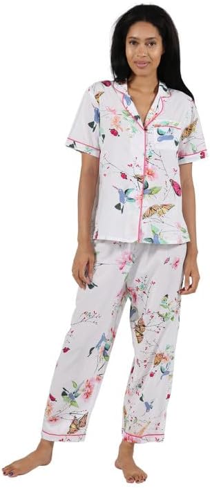 LA CERA Women's Short Sleeve Printed Cotton Pajama Set, Front Pocket and Piping, Floral Design, Notched V-Neckline