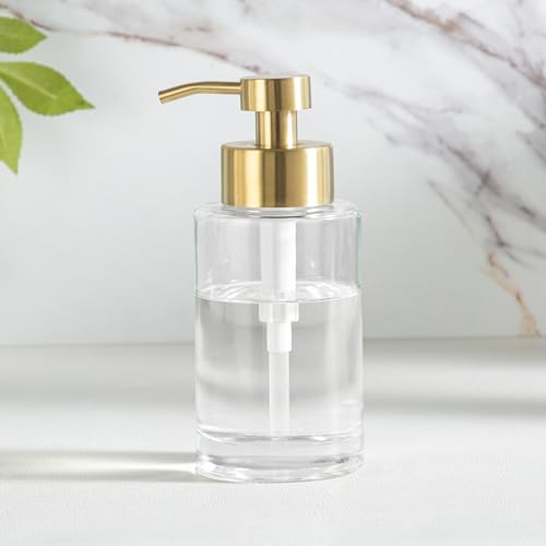 Image of Enra Glass Soap Dispenser, Clear Bottle Gold Pump Liquid Hand Soap | 12oz Clear Thick Glass Bottle With Stainless Steel Pump. Refillable Design Creates A Stylish Accent for Kitchens
