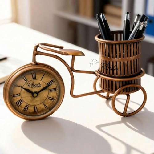 Image of Golden Cycle Pen Stand with Clock for Table Decoratoin, Elegant Desk Organizer, Bicycle Design, Handcrafted Metal Pen Holder with a Luxurious Gold Finish
