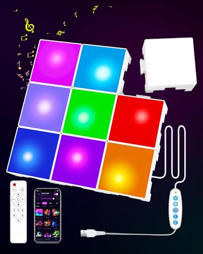 selfila DIY Cube Tetris Wall Lights - 9 PCS Mini Square Multicolor Effects Music Sync DIY Dynamics Design Panels Bar Gaming Room RGB LED Hexagon Gift Ideas for Kid Teen Room Creative Decor Light