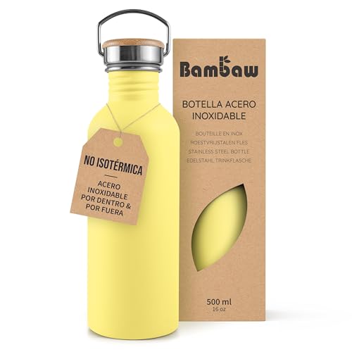 Bambaw Botella de Agua Acero Inoxidable 500ml No Térmica - Amarilla para Niños y Gimnasio, Reutilizable - Color Girasol