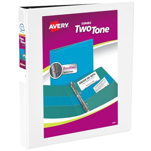 Image of Avery Two-Tone Durable View 3 Ring Binder, 1 Inch Slant Rings, White /Black Binder (17286)