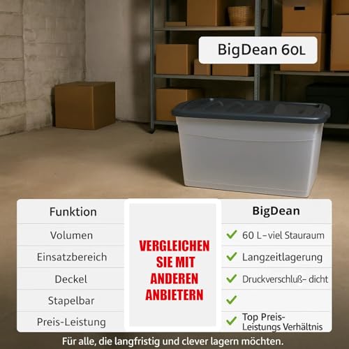 BigDean 3x 60 L Aufbewahrungsbox mit Deckel groß Budget Line Plastikbox mit Deckel