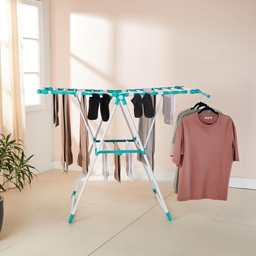 Amazon Brand - Solimo Cloth Drying Stand with Extendable Rods | Dimensions: 135 * 79 * 14 Cm (Sea Green and White) (B0CSFG9C29) Amazon Price History, Amazon Price Tracker