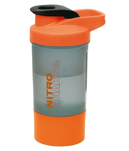 ORANGE 600 Ml - Nitro Plastic Shaker Bottle with Rust-Resistant Steel Wire Blending Ball and Detachable Jar for Protein/ Supplement Storage, Measuring Guide, Leakproof Flip Cap Durable Sports Bottles