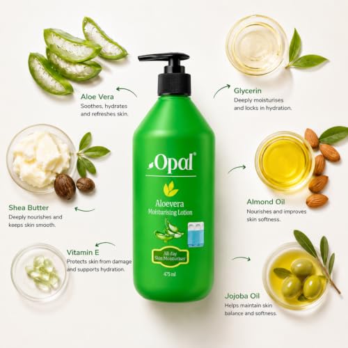Image of Opal Aloe Vera Moisturising Lotion 475ml | Lightweight Non-Greasy Body & Face Moisturizer | Summer Deep Moisturize & Hydration for Dry Skin | Herbal Nourishing Skin Care for Men & Women| All Skin Types