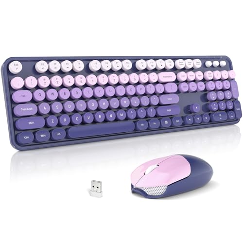 Image of Wireless Keyboard and Mouse Combo, 2.4GHz Gradient Colorful Full-Size Retro Typewriter Keyboard with Wireless Mouse for PC /Desktop /Laptop /Windows (Purple Gradient)