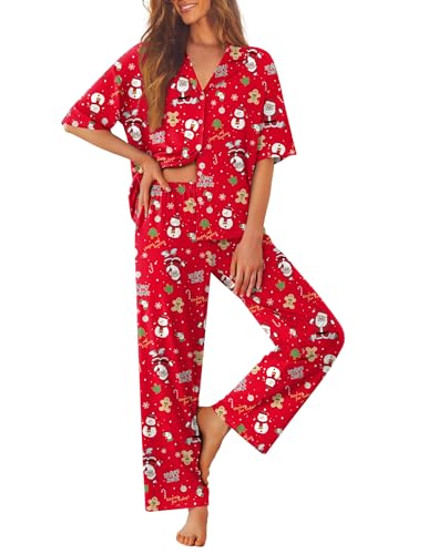 Ekouaer Women Pajamas Set Button Down Sleepwear Short Sleeve Pjs Soft Comfy Nightwear with Long Pants Red Santa L