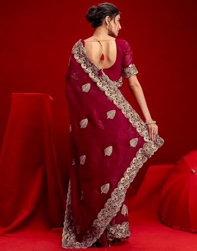 Image of SIRIL Women's Shimmer Chiffon Sequence Embroidery Saree With Unstitched Blouse Piece for Wedding and Parties