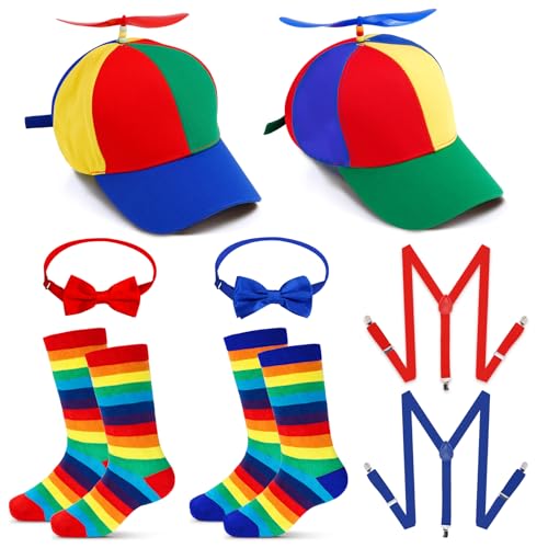10 Pcs of Propeller Hat Adult Tweedle Dee and Tweedle Dum Costume Include 2 Rainbow Top Clown Hats 2 Adjustable Elastic Y Back Style Suspenders 2 Bow Tie 4 Clown Socks for Adult Men Women