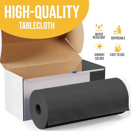 Image of Exquisite Party Solids 54 Inch X 300 Feet Black Plastic Table Cover Roll in A Cut - to - Size Box with Convenient Slide Cutter. Cuts Up to 36 Rectangle 8 Feet Plastic Disposable Tablecloths