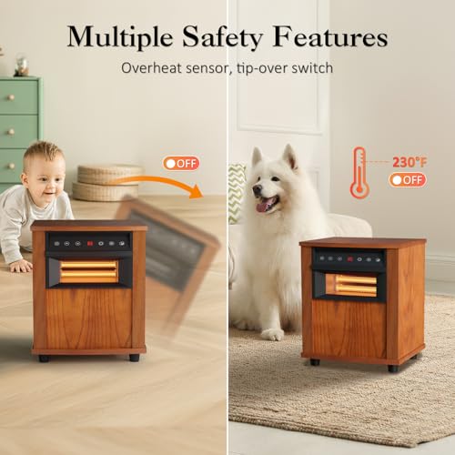Quartz Infrared Heater for Indoor Use: 1500W, 3 Heat Settings, 12H Timer, Wood Frame, Large Room Office