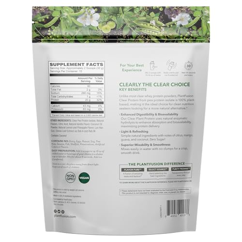 Image of PlantFusion Vegan Clear Protein Powder with Pea Protein Peptides - 20g Fast-Absorbing in Water, 90 Calories, Zero Sugar, Premium Alternative to Clear Whey - 16 oz