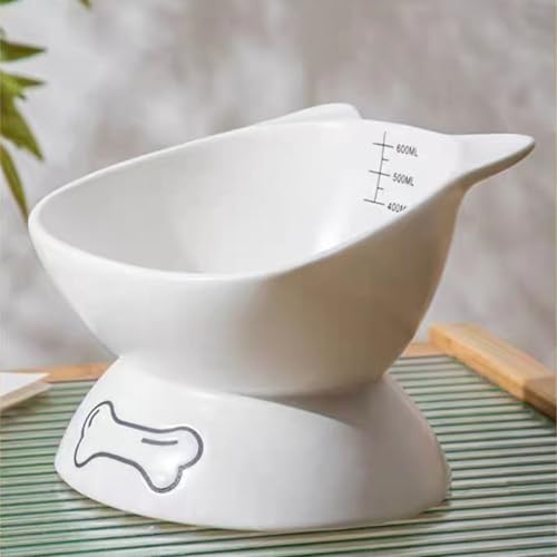 犬 みずのみ器 フードボウル 餌皿 水飲み器 陶器 楕円 負担軽減 目盛り付き (ホワイト)