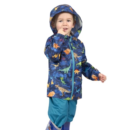Regenset Kinder Wasserdicht mit Regenjacke und Regenhose - Reflektierende Regenanzug Matschanzug Set Jacke Hose Klein Jungen Mädchen (DE/NL/SE/PL, Alter, 4 Jahre, 5 Jahre, Regular, Dinosaurier)