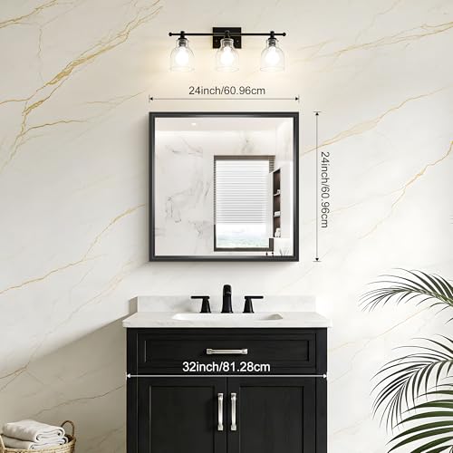 Image of 24x24 Square Black Mirror, Bathroom Mirrors for Over Sink 0.6 inch Thickened Deep Frame, Brushed Black Rectangle Mirrors for Wall, Shatterproof Tempered Glass, Antirust, Horizontally or Vertically