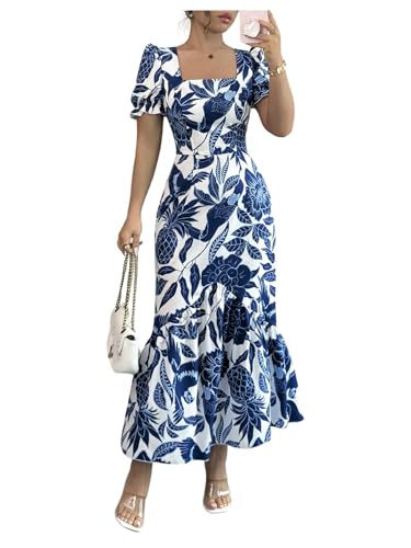 Floerns Women's Floral Puff Sleeve Maxi Dress Square Neck Fishtail Ruffle Hem Summer Dresses Blue and White Large