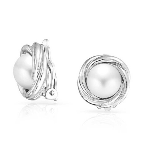 Cable Bezel Set Dome White Simulated Pearl Clip On Earrings For Women Non Pierced Ears Silver Plated Brass