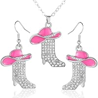 Mikovivi Cowgirl Cowboy Jewelry Set, Bohemian Rhinestone Western Boots Earrings & Cowgirl Necklace Rodeo Enamel Hat Boot Charm Drop Dangle Earrings Gifts for Women (Pink)