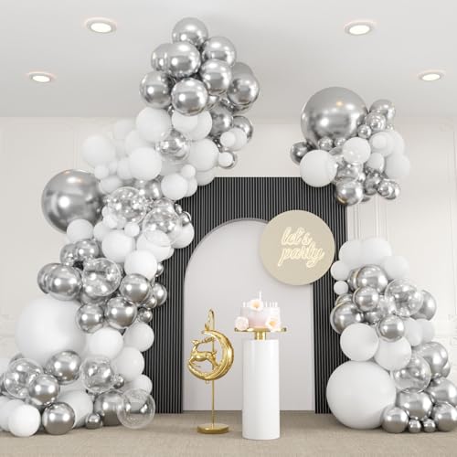 136pcs White and Silver Balloons Garland Arch Kit With Clear Balloons 18 12 10 5 Inch Party Latex Balloons for Birthday Wedding Anniversary Party Decorations