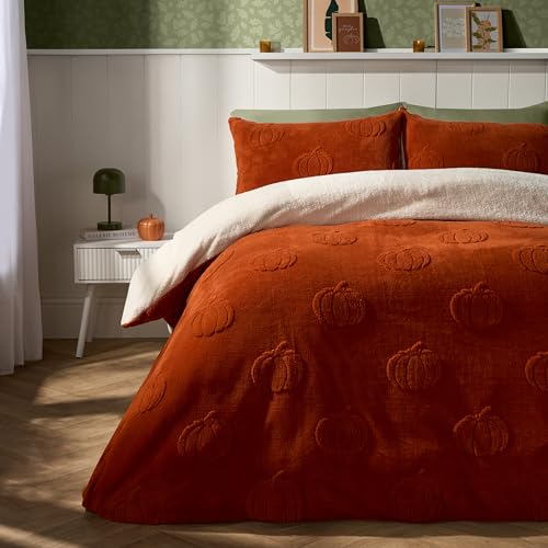 OHS Tufted Pumpkin Double Bedding Set Super Soft Winter Warm Teddy Fleece Duvet Set Halloween Double Duvet Set Fluffy Cosy Teddy Bear Bedding with Pillowcases Burnt Orange