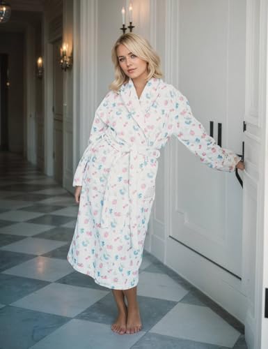Women Fleece Floral Fruit Print Bathrobe Soft Flannel Lounge Robe Cute Fall Robe Lightweight Warm Gown with Belt4