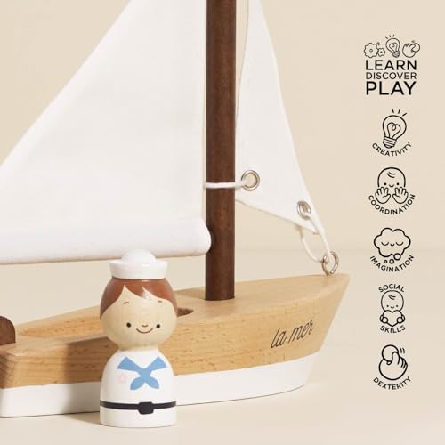 Le Toy Van Segelboot & Kapitän aus Holz, befeuern Sie die Fantasie mit Textilsegeln, Kinderspielzeug, geeignet für Kinder ab 3 Jahren, Weiß