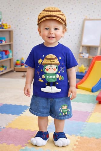 Image of Bold N Elegant Kids Half Sleeve 3D Cartoon Tiger Cotton T-Shirt with Denim Shorts Summer CLothing Set for Infant Toddler Preschool Boys n Girls | Cook Outfit For Kids