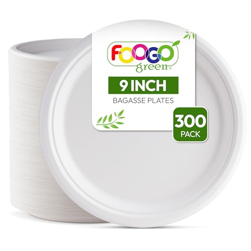 FOOGO Green 300 Platos Desechables de Fibra de Caña de Azúcar, 23 cm, Biodegradables, Compostables, Picnic, Fiesta, Platos Redondos y Resistentes de Papel
