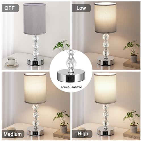 Aooshine Touch Table Lamp, Crystal Grey Bedside Lamps with 3 Way Dimmable, Small Bedside Lamp with USB C+A Charging Ports - Image 2