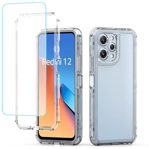 Yodueiv for Redmi 12 4G/Redmi 12 5G/Poco M6 Pro 5G Case with Tempered Glass Screen Protector, Crystal Clear Full Body 3 Layer Heavy Duty Protective Phone Cover for Xiaomi Redmi 12 Clear