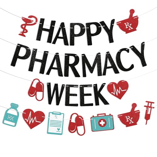 Happy Pharmacy Week Banner - Pharmacy Decorations, Pharmacist Appreciation Week Decor, Medical Banner Black Glitter