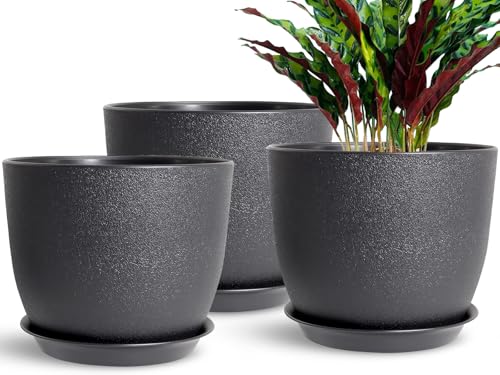 SE SUN-E 10 Inch Planting Pots Set of 3, Outdoor Planters for All House Plants Black Plastic Flower Pots Modern Decorative Garden Pot with Saucer