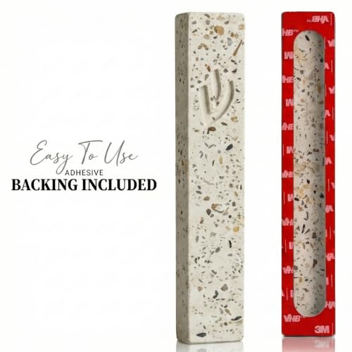 Image of SURI Mezuzah Case - 5 Inch Terrazzo Cream and Pink Concrete Jewish Door Mezuza Cover with Non Kosher Scroll, Self-Stick Adhesive, Fits a 4 Inch Scroll, Gift Box Included