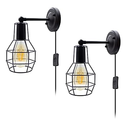 Industrial Wall Lights Plug in Wall Lighting 2Pcs Metal Wire Cage Wall Lamp E27 Wall Light with Plug, 240° Adjustable Wall Sconce with 170cm Cable & Switch, for Loft Bar Kitchen (No Bulb) Cover