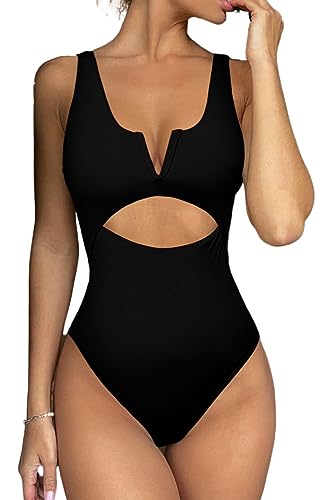 Meyeeka Womens One Piece Swimsuits Tummy Control Bathing Suit for Women Push Up Swimwear V Neck High Cut Monokini
