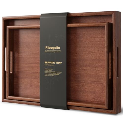 Fibogollo Bamboo Set of 2 Serving Tray with Handles Decorative Trays Platter Breakfast Tray in Bed Food Drinks Tray for Eating Working Storing(Brown)