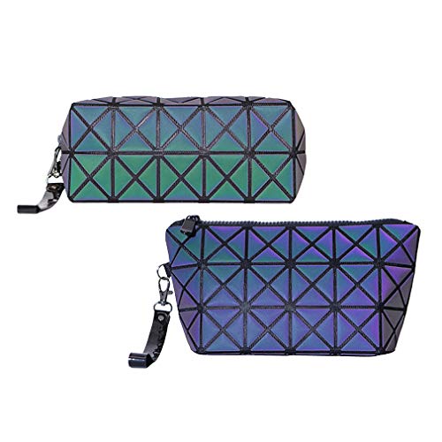 Holographic Makeup Bags for Women, Geometric Cosmetic Bag for Purse Foldable Toiletry Pouch with Wristlet (Green02)