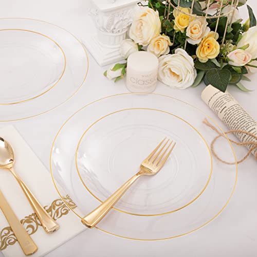 Nervure 350Pcs Clear And Gold Plastic Plates - Clear Plastic Plates With Gold Rim Include 50 Dinner Plates, 50 Dessert Plates, 150 Gold Plastic Silverware, 50 Cups, 50 Napkins For Wedding & Party #TOP1