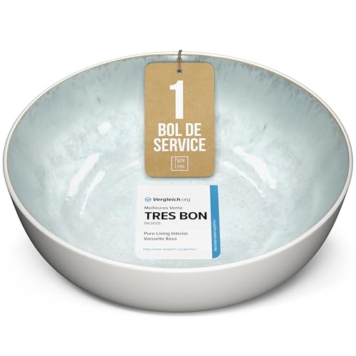 Bol de service en faïence Ibiza - Saladier méditerranéen de qualité supérieure - Résistant au lave-vaisselle, au micro-ondes et aux rayures - Grand bol à salade - Bol à céréales en Beige Bleu