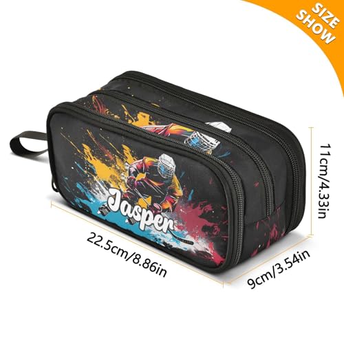Image of ALAZA Custom Large Pencil Case with Name Ice Hockey Player Splash Pen Pouch Bag Holder Organizer Stationery Bag with 3 Compartments