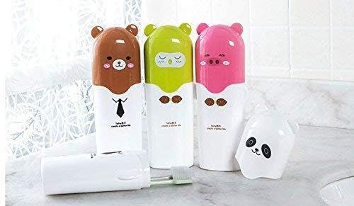Image of Teddy Shape Plastic Cute Cartoon Tooth Mug Protector Toothbrush Holder Travel, Camping Bathroom for Storage Container Organizer Accessories - Multicolor.